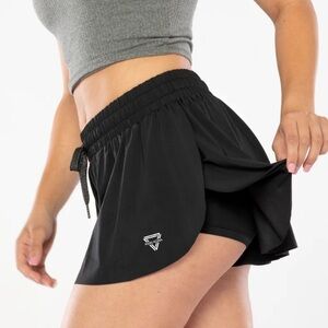 2 in 1 Flowy Running Shorts Gym Yoga Athletic Workout Spandex Sweat Skirt Black